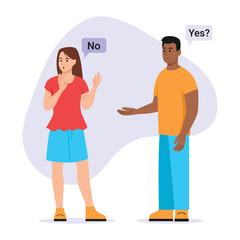 Vector illustration of a girl rejecting a guy. Cartoon scene of a girl saying no to a guy isolated on a white background. Yes or no concept. Couple with different emotions.