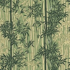 Fototapeta na wymiar Miniature bamboo forest seamless pattern in shades of green. SEAMLESS BAMBOO WALLPAPER.