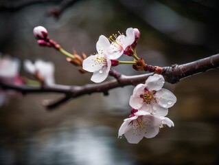 A delicate and enchanting view of a cherry blossom branch in a Japanese garden