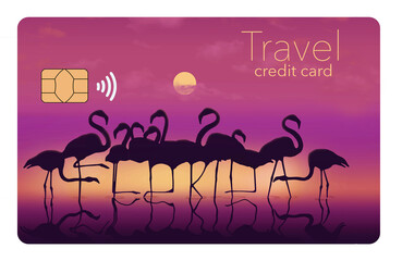 A travel credit card is decorated with Florida flamingos and their legs spell the word Florida in a sunset on water 3-d illustration image.