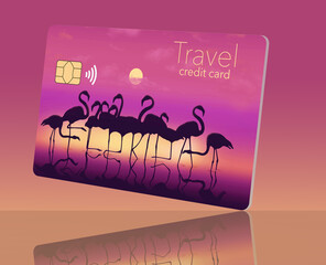 A travel credit card is decorated with Florida flamingos and their legs spell the word Florida in a sunset on water 3-d illustration image.