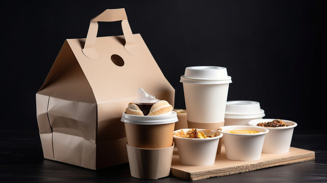 Holding various take-out food containers, pizza box, coffee cups in holder and paper bag. Generative Ai