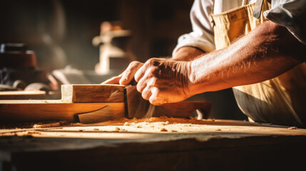 A skilled carpenter meticulously works in his sunlit workshop, showcasing his craftsmanship and expertise as he creates masterpieces in wood on a bright, sunny day.      .Generative AI