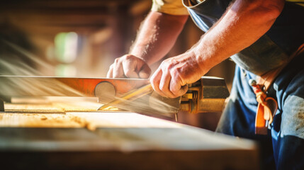 A skilled carpenter meticulously works in his sunlit workshop, showcasing his craftsmanship and expertise as he creates masterpieces in wood on a bright, sunny day.      .Generative AI