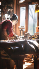 A skilled welder, donning a welding mask and gloves, expertly works on a metal piece in his workshop, showcasing craftsmanship and professionalism in the trade. Generative AI