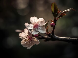A delicate and enchanting view of a cherry blossom branch in a Japanese garden
