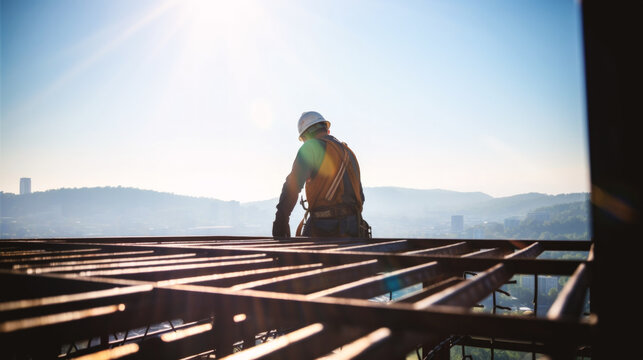 Determined iron worker with helmet and gloves masters the heights, diligently working on a building's framework, epitomizing skill and commitment in the trade. Generative AI