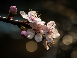 A delicate and enchanting view of a cherry blossom branch in a Japanese garden