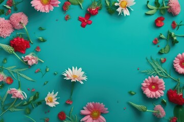 Blooming Beauty: Flatlay of Different Pink Flowers on a Cyan Background