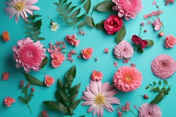Fototapeta na wymiar Blooming Beauty: Flatlay of Different Pink Flowers on a Cyan Background