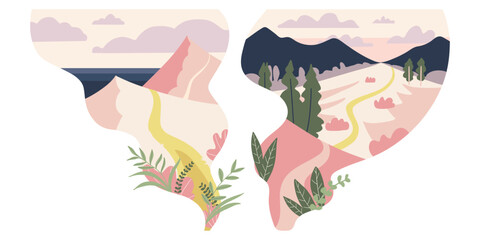 Abstract hand painted breathtaking view mountains nature vector poster in pastel colors. Contemporary flat illustration. Beautiful travel illustration in simple modern style