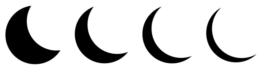 Set of moon crescent icons. Different shapes of moon. Vector illustration isolated on white background