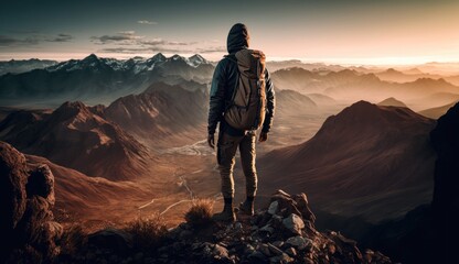 Hiker standing on top of a mountain, generative AI