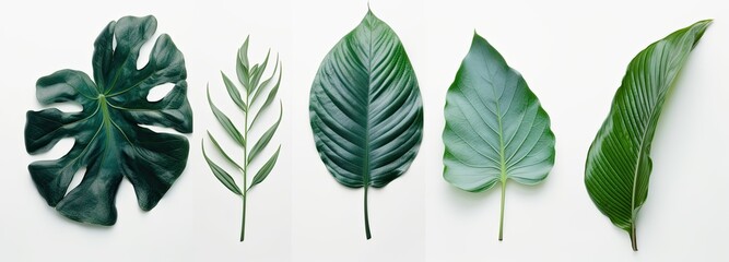 Fototapeta na wymiar White backdrop with green leaves from multiple plants, styled in tropical symbolism. Generative AI