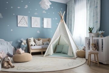 This image depicts a modernly decorated children's room with an Indian teepee, designed for kids Generative AI