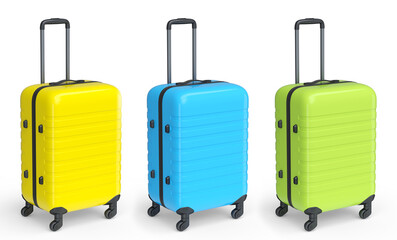 Set of luggage with beach accessories for summer holidays on white background.