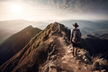 Fototapeta premium Beck view of man walking towards top of the mountain. Generative AI