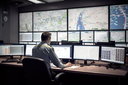 Policeman working at office monitoring city through cameras. Generative AI