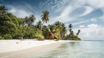 Fototapeta na wymiar A tropical island with coconut trees and white sand Generative AI