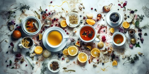 Herbal and spice teas over white background table top view. Generative AI