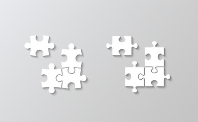 Fototapeta premium Jigsaw outline grid set with 4 details. Scheme of thinking game. Separate puzzle pieces. Cutting template. Modern background. Mosaic silhouette. Simple frame tiles. Vector illustration.