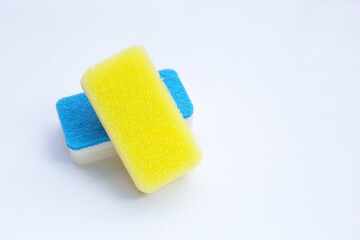 Cleaning kitchen dishwashing sponge. Copy space