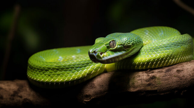 A green snake coiled around a branch Generative AI