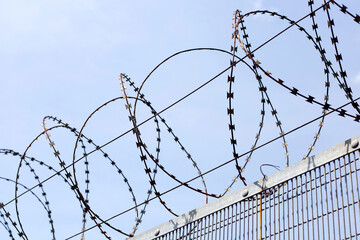 Barbed wires against sky. Wired fence