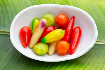 Fruit shaped of mung beans dessert (Kanom Look Choup). Thai Dessert
