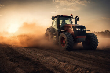 Fototapeta premium Striking Tractor in Action on Dusty Field at Sunset