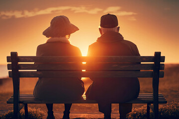 Naklejka na ściany i meble Senior couple enjoying sunset on the bench. AI Generative
