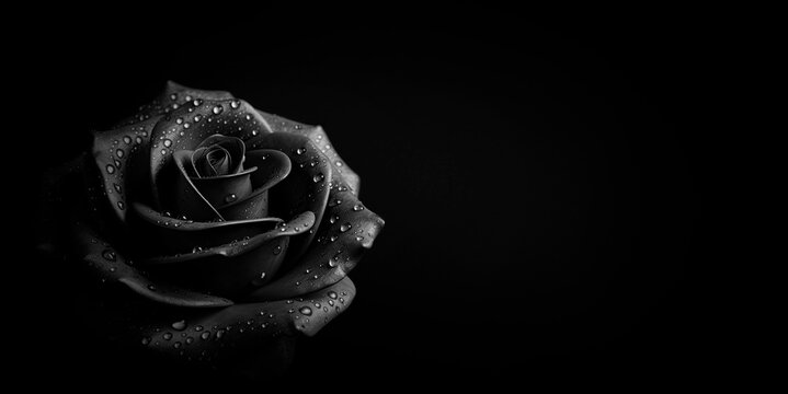Black Rose with Droplets on Black Background. AI Generative