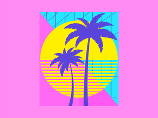 Fototapeta na wymiar Retro futuristic palm trees in 80s style at sunset. Summer time, palm trees on the background of the sun, synthwave style. Design for advertising brochures and banners. vector illustration