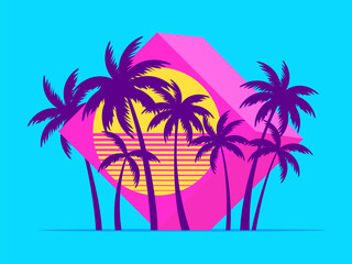 Fototapeta na wymiar 3d cube with palm trees at sunset in the style of the 80s. Futuristic advertising banner with palm trees in virtual reality, metaverse. Synthwave and retrowave style. Vector illustration