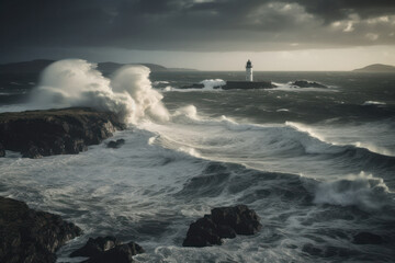 Fototapeta premium Powerful Ocean Waves with Lighthouse