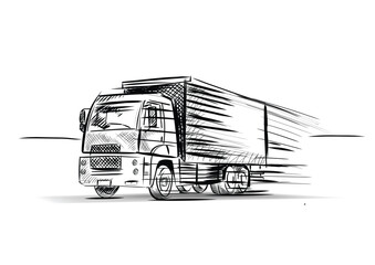 One line drawing of modern big trailer truck with container. Courier cargo delivering vehicle transportation concept. 