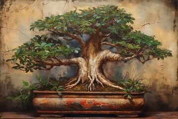 Vintage Painting of a Ficus Ginseng 