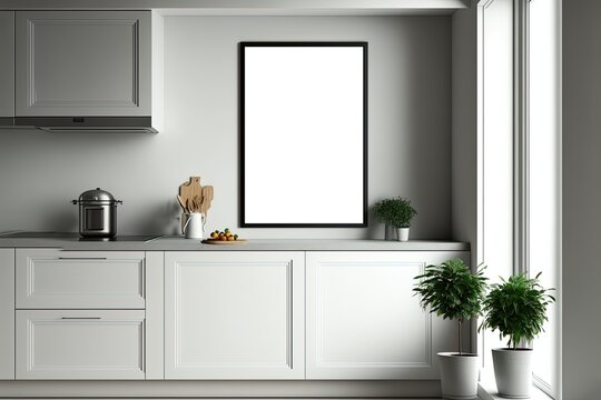 illustration of mock-up wall decor frame is hanging in minimal style kitchen, Generative Ai