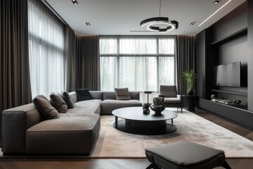 Naklejka na ściany i meble This image showcases a modernly designed living room with luxurious details Generative AI