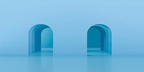 3d blue row of arches. Abstract minimal architectural concept in pastel colors. Minimalist design interior. 3d rendering illustration.