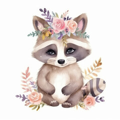 Watercolor raccoon. Illustration AI Generative.