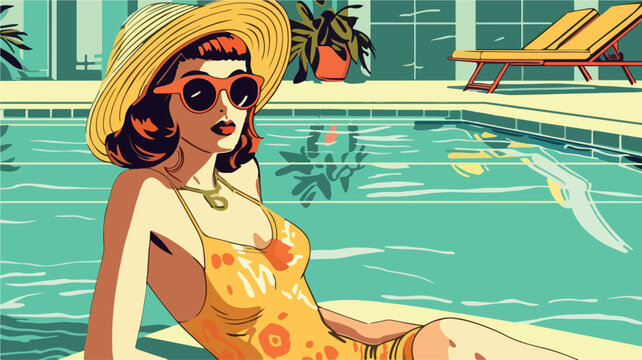 Girl sitting by the pool. Retro cartoon vector style. Woman in holiday wearing a bathing suite relaxing near the swimming pool. Summer paradise. Taking vacations in a resort. Beautiful relaxation art