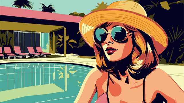 Girl sitting by the pool. Retro cartoon vector style. Woman in holiday wearing a bathing suite relaxing near the swimming pool. Summer paradise. Taking vacations in a resort. Beautiful relaxation art