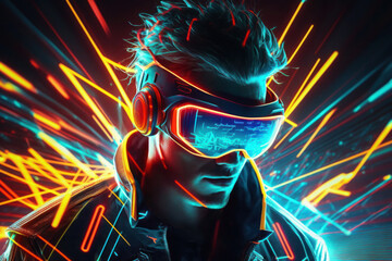 A 3D render on a futuristic neon background depicts a man wearing virtual reality glasses and an electronic head device, as he interacts with a user interface. Player one is ready for the game in the 