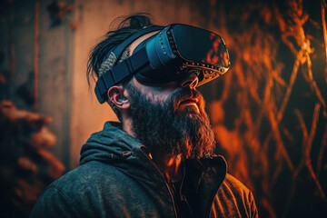 The digital community, cryptocurrency, and entertainment metaverse concept converge as a male enjoys playing a game with VR virtual reality goggles in a 3D cyberspace environment."