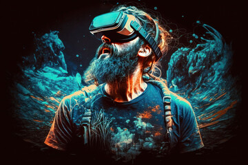 The digital community, cryptocurrency, and entertainment metaverse concept converge as a male enjoys playing a game with VR virtual reality goggles in a 3D cyberspace environment."