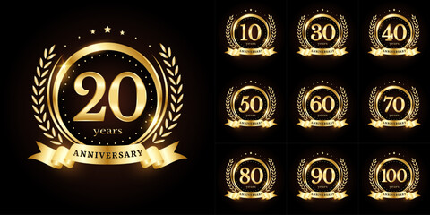 Anniversary golden luxury number emblem logo symbol vector graphic badge for a birthday, age, corporate business, wedding, certificate, year, event