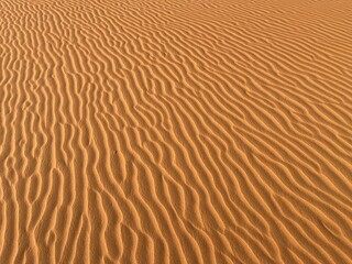 Grains of sand forming small waves on the dunes, panoramic view. Background, texture. Dunes in the Sahara desert, Merzouga desert
