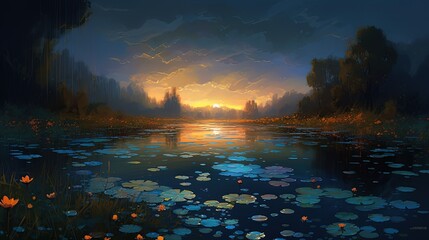 illustration painting style of beautiful tranquil lotus pond, Generative Ai - obrazy, fototapety, plakaty