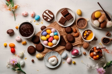 white table with chocolates and cookies and easter eggs, top view, easter themed
